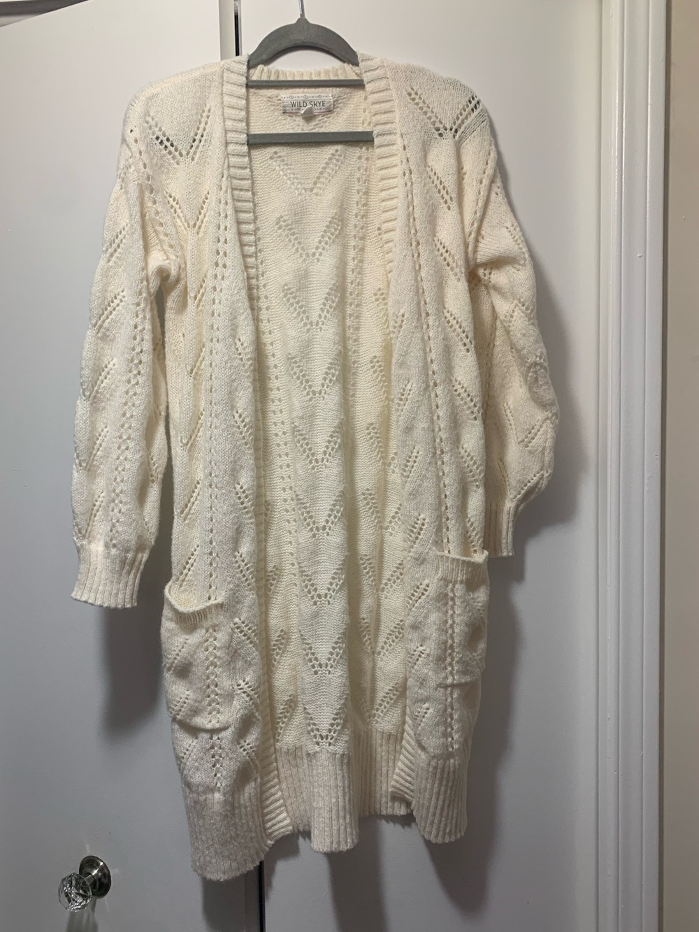 Wild Skye Size Small- Open-Front Cream Pointelle Knit Cardigan